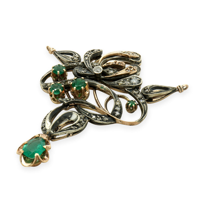 14 Karat Yellow Gold & Sterling Silver Vintage Art Nouveau Diamond and Emerald Pendant