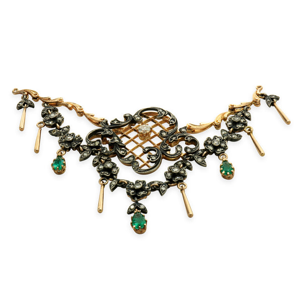 14 Karat Yellow Gold & Sterling Silver Vintage Victorian Diamond and Emerald Lavalier