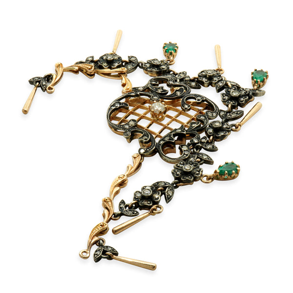 14 Karat Yellow Gold & Sterling Silver Vintage Victorian Diamond and Emerald Lavalier