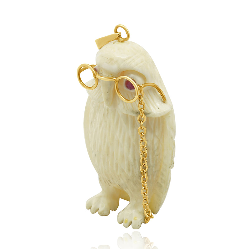 14 Karat Yellow Ivory Owl Pendant w/ Ruby Eyes