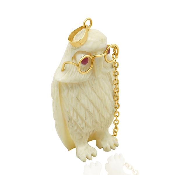 14 Karat Yellow Ivory Owl Pendant w/ Ruby Eyes