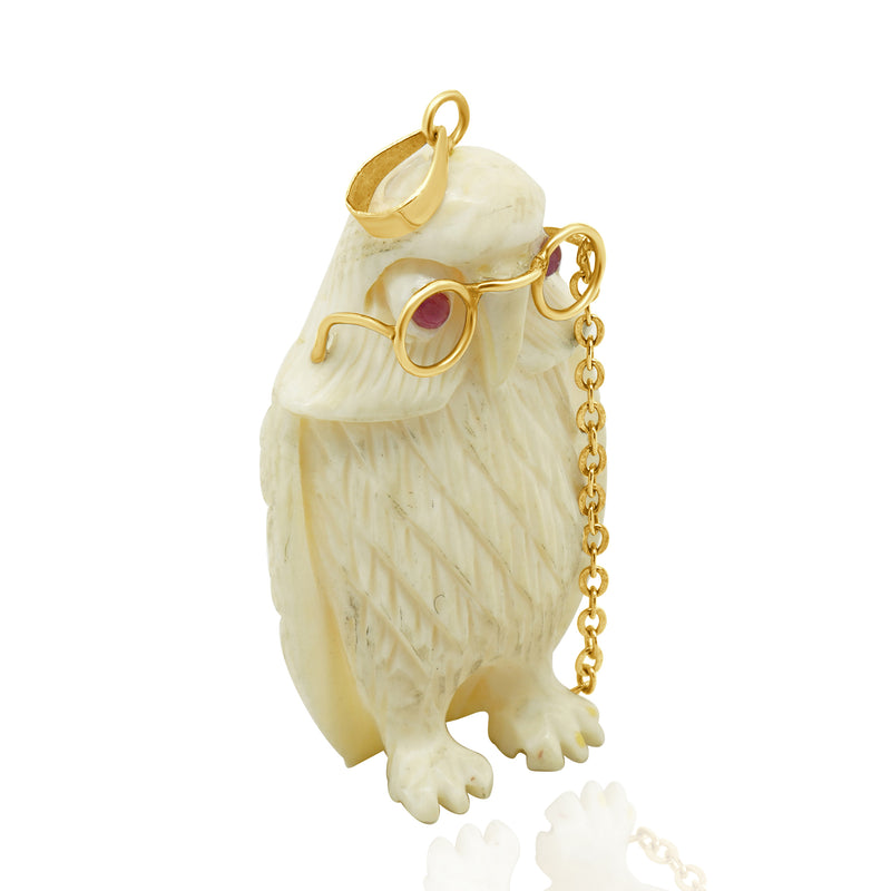 14 Karat Yellow Ivory Owl Pendant w/ Ruby Eyes