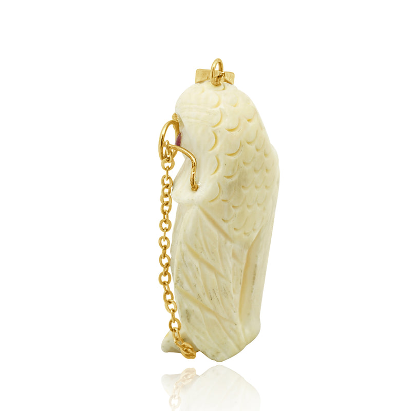 14 Karat Yellow Ivory Owl Pendant w/ Ruby Eyes
