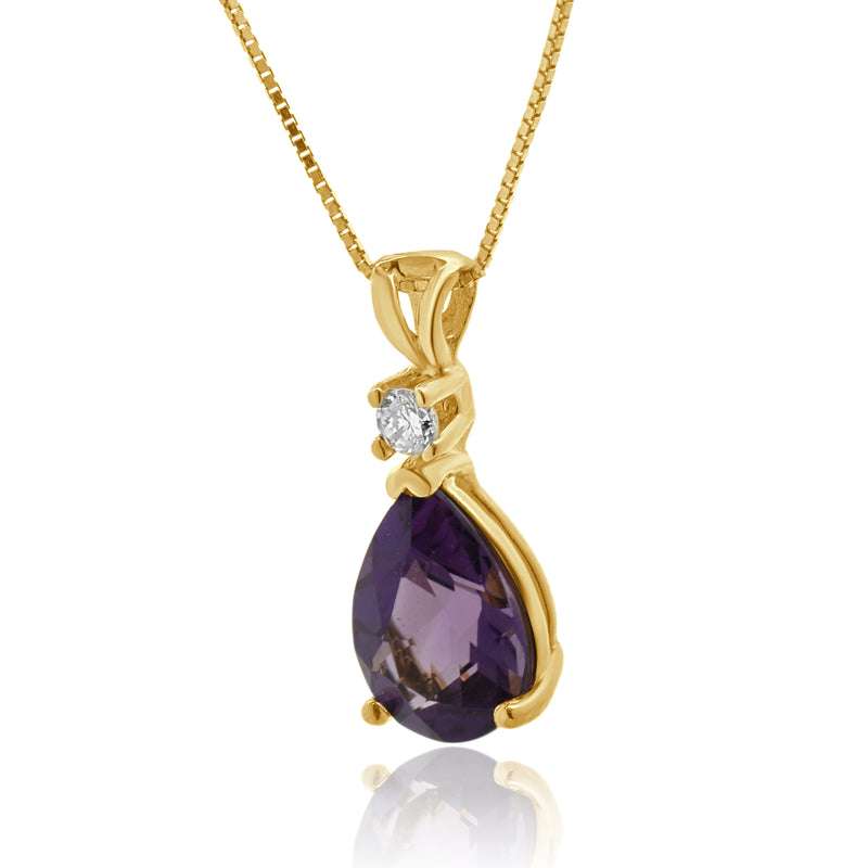 14 Karat Yellow Gold Amethyst and Diamond Drop Necklace