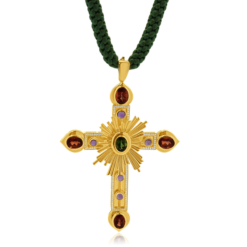 18K Yellow Gold Sunstone, Tourmaline, Amethyst, Diamond Cross Necklace