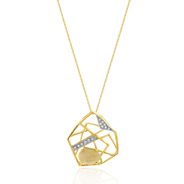 14 Karat Yellow Gold Vintage Opal and Diamond Web Necklace