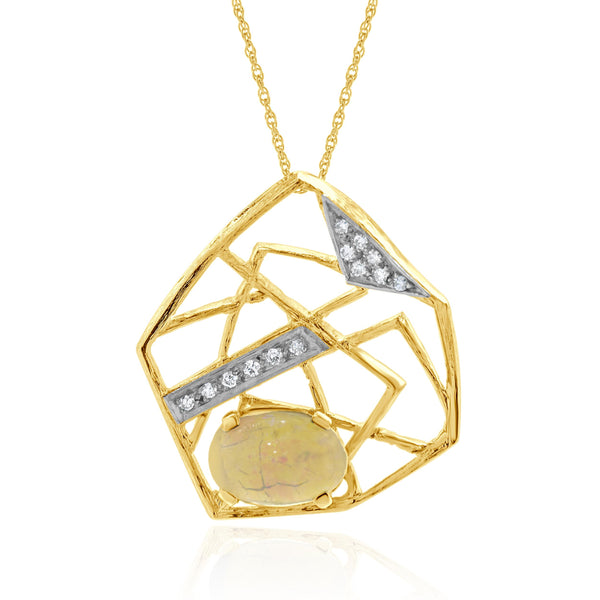 14 Karat Yellow Gold Vintage Opal and Diamond Web Necklace