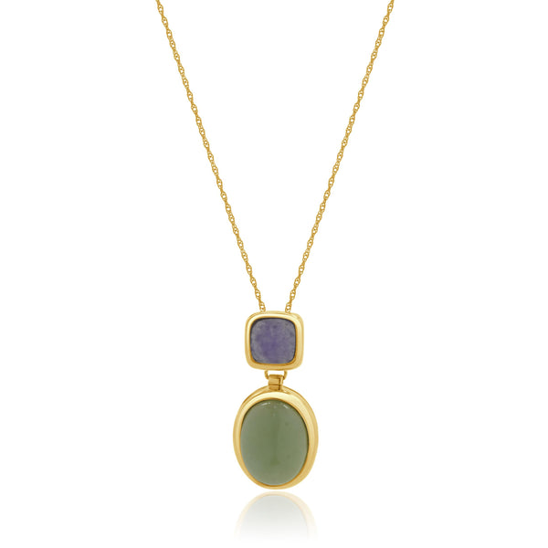 14 Karat Yellow Gold Lavender and Green Jadeite Drop Necklace