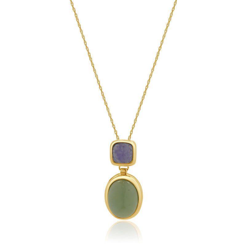 14 Karat Yellow Gold Lavender and Green Jadeite Drop Necklace