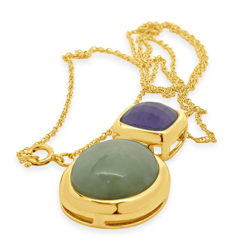 14 Karat Yellow Gold Lavender and Green Jadeite Drop Necklace