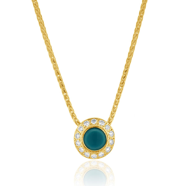 18 Karat Yellow Gold Turquoise and Diamond Halo Necklace