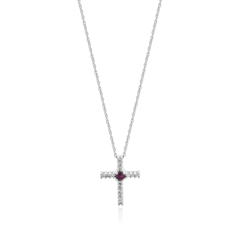 14 Karat White Gold Diamond and Ruby Cross Necklace
