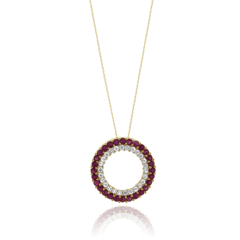 10 Karat Yellow Gold Ruby and White Topaz Circle Necklace