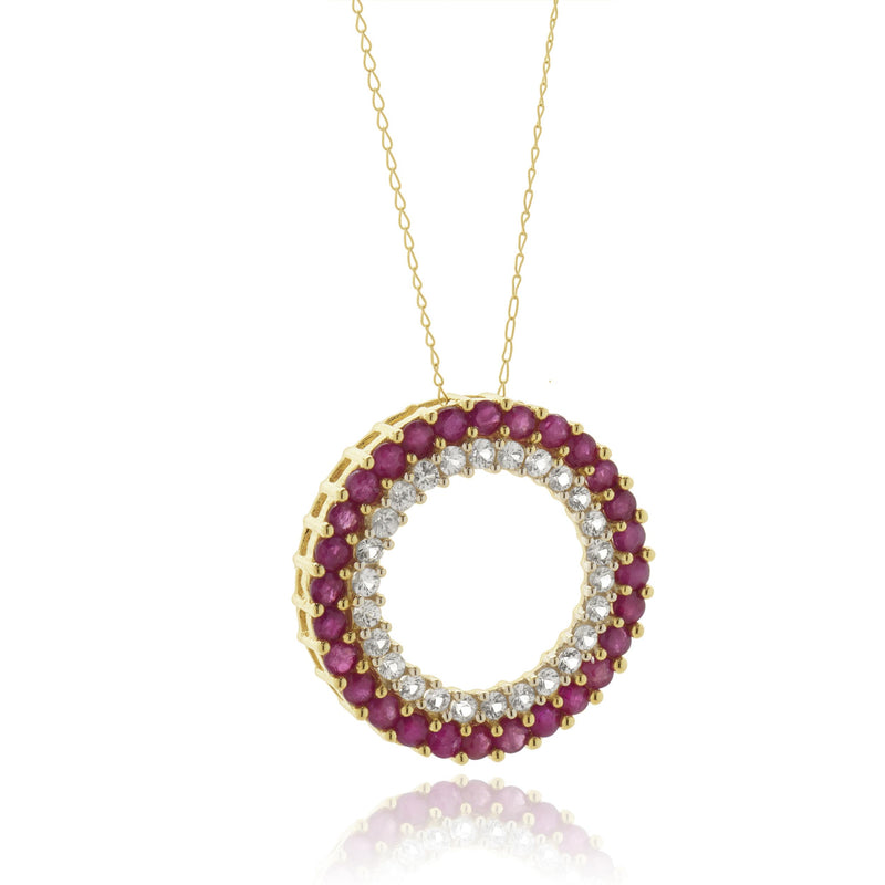 10 Karat Yellow Gold Ruby and White Topaz Circle Necklace