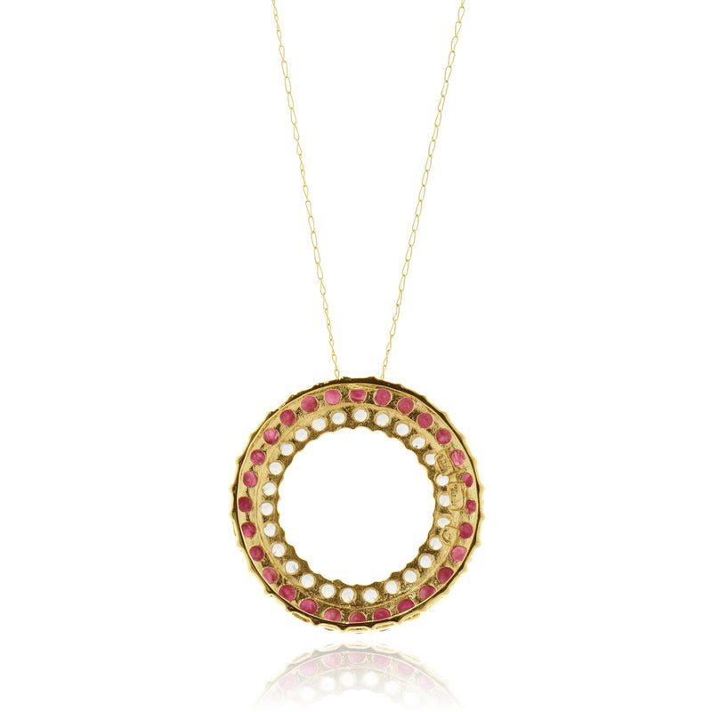 10 Karat Yellow Gold Ruby and White Topaz Circle Necklace