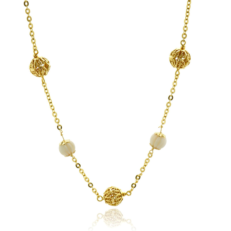 18 Karat Yellow Gold Coral Beaded Station Necklace