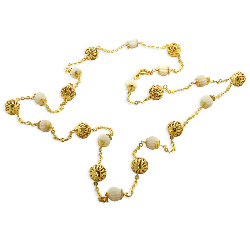 18 Karat Yellow Gold Coral Beaded Station Necklace
