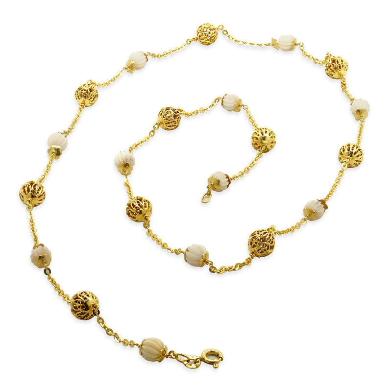 18 Karat Yellow Gold Coral Beaded Station Necklace