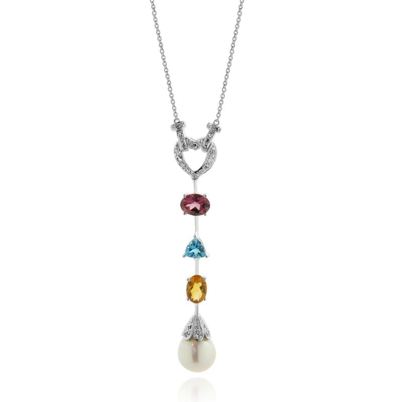 14 Karat White Gold Diamond, Garnet, Blue Topaz, Citrine, and Pearl Heart Drop N