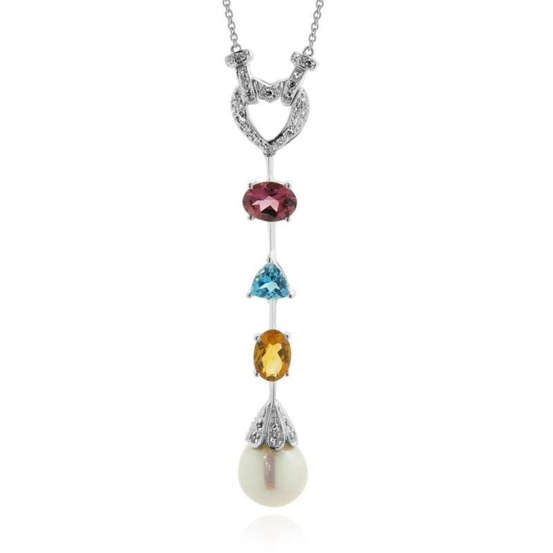 14 Karat White Gold Diamond, Garnet, Blue Topaz, Citrine, and Pearl Heart Drop N