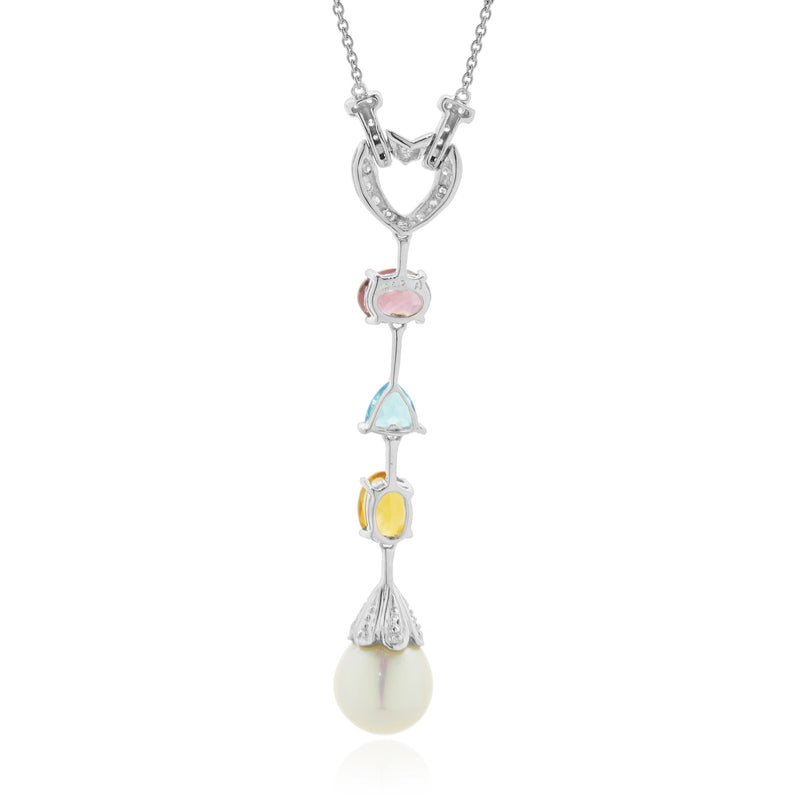 14 Karat White Gold Diamond, Garnet, Blue Topaz, Citrine, and Pearl Heart Drop N