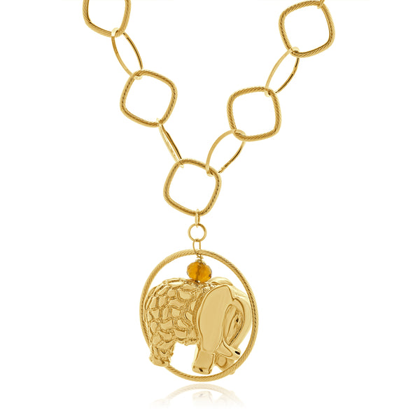 14 Karat Yellow Gold Citrine and Onyx Beaded Elephant Necklace