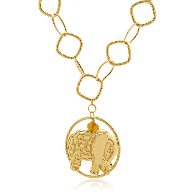 14 Karat Yellow Gold Citrine and Onyx Beaded Elephant Necklace