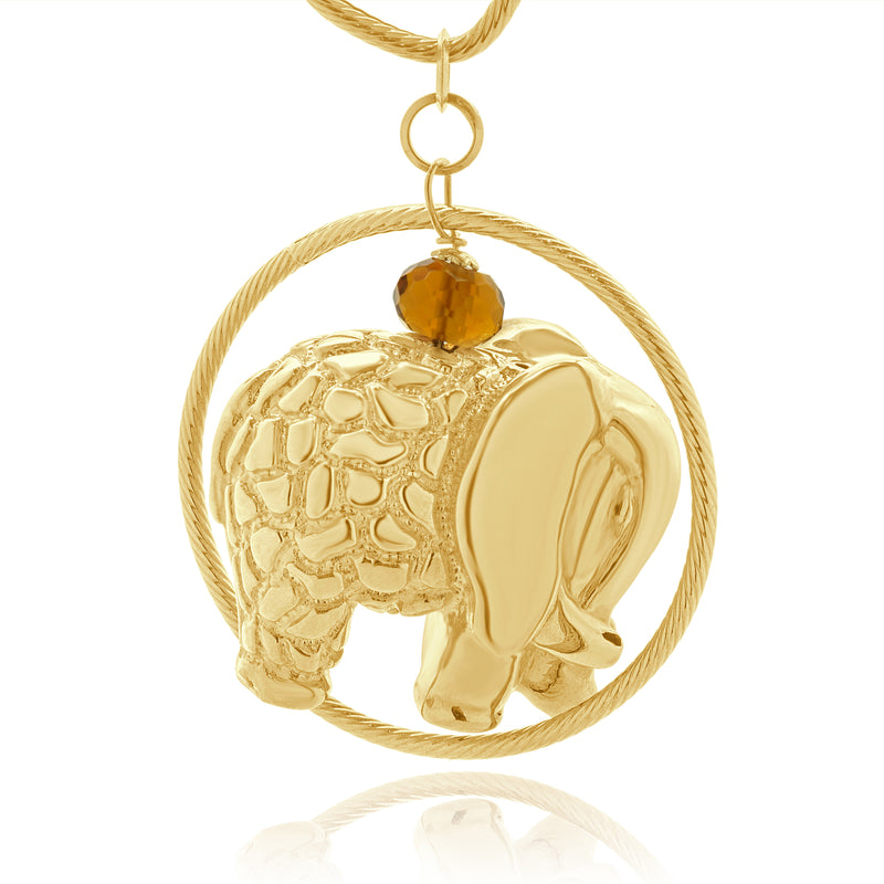 14 Karat Yellow Gold Citrine and Onyx Beaded Elephant Necklace