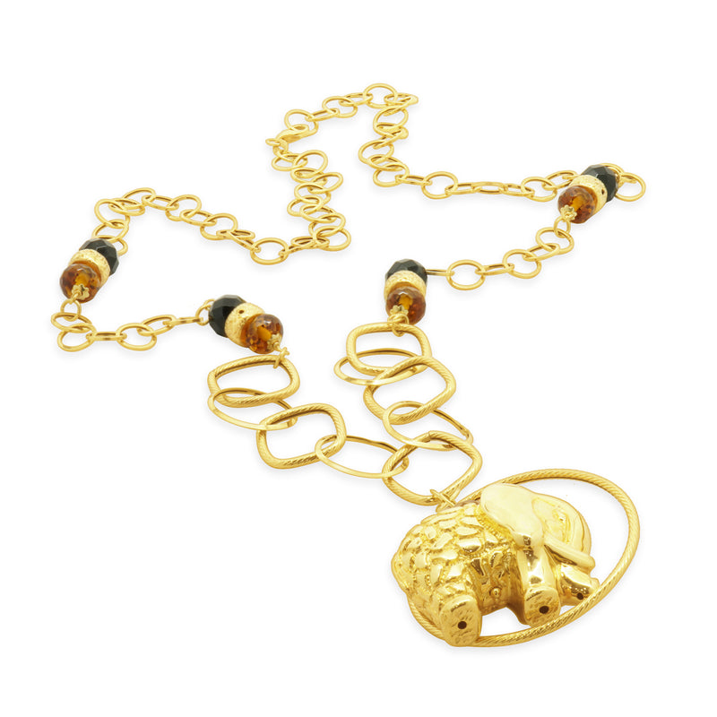 14 Karat Yellow Gold Citrine and Onyx Beaded Elephant Necklace