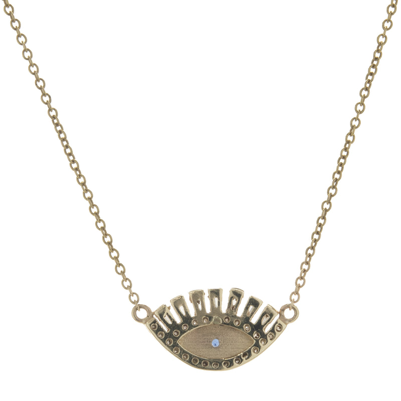 14 Karat Yellow Gold Round and Baguette Diamond and Sapphire Evil Eye Necklace