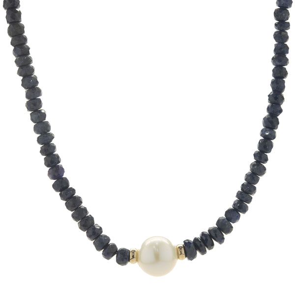 14 Karat Yellow Gold Beaded Sapphire and Pearl Necklace