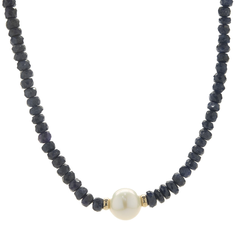 14 Karat Yellow Gold Beaded Sapphire and Pearl Necklace