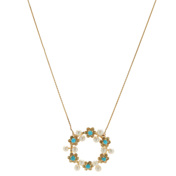 14 Karat Yellow Gold Vintage Pearl and Persian Turquoise Floral Circle Necklace