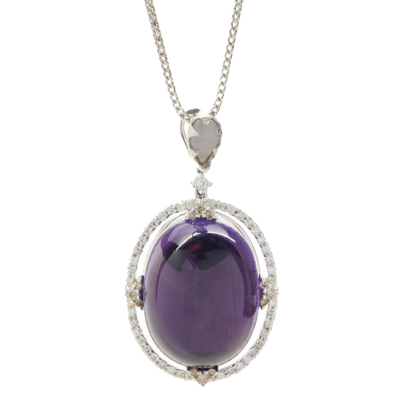 18/14 Karat White Gold Cabochon Cut Amethyst and Diamond Drop Necklace