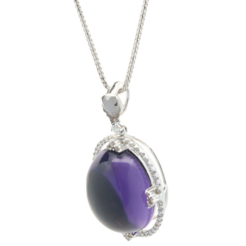 18/14 Karat White Gold Cabochon Cut Amethyst and Diamond Drop Necklace
