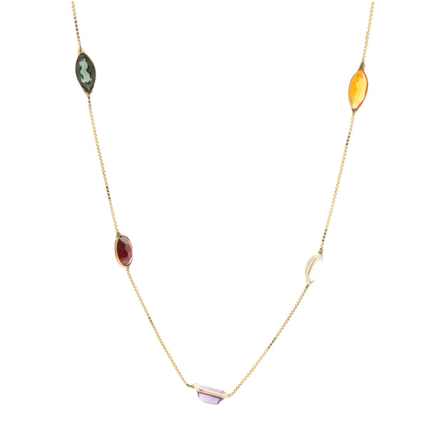 14 Karat Yellow Gold Multi Gemstone Multi Shape Bezel Set Necklace