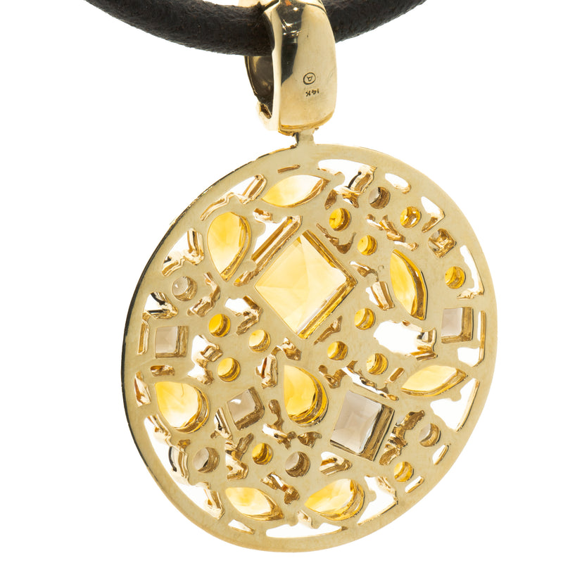 14 Karat Yellow Gold Smoky Topaz and Citrine Cutout Disc Necklace