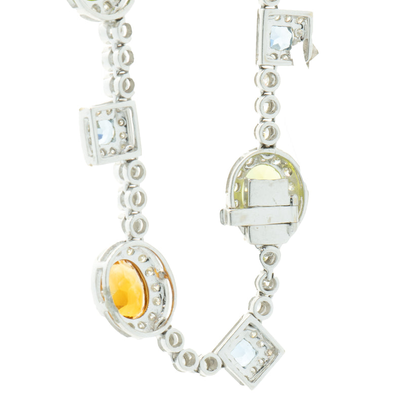 18 Karat White Gold Peridot, Citrine, Blue Topaz, and Diamond Drop Necklace