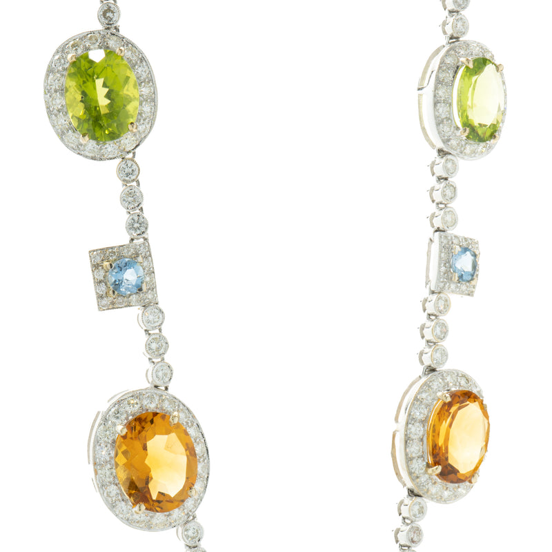 18 Karat White Gold Peridot, Citrine, Blue Topaz, and Diamond Drop Necklace