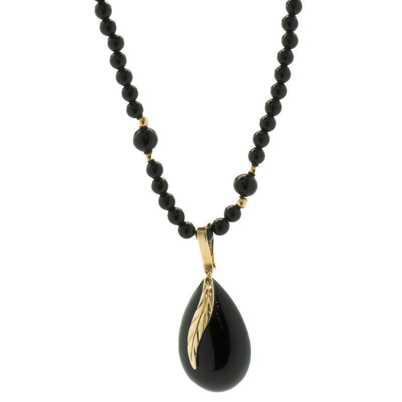 Black Onyx & 14 Karat Yellow Gold Beaded Necklace with Onyx Drop