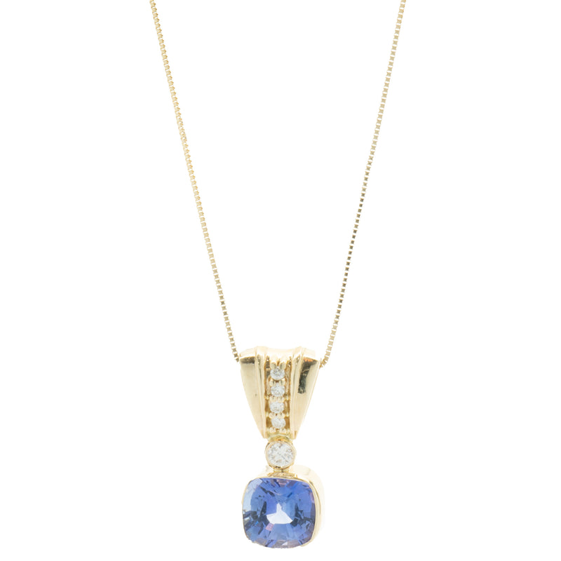 14 Karat Yellow Gold Tanzanite and Diamond Drop Necklace