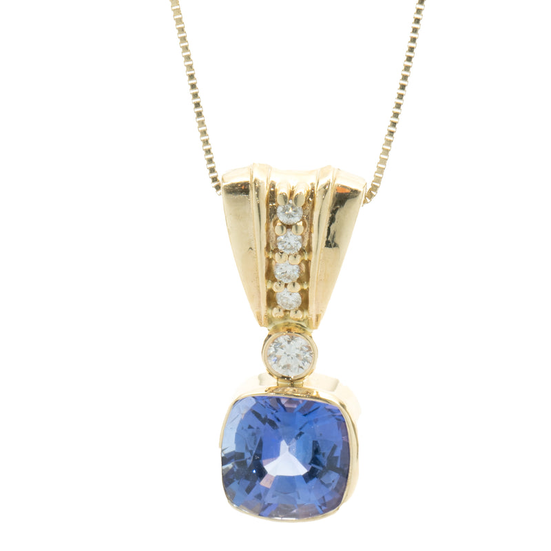 14 Karat Yellow Gold Tanzanite and Diamond Drop Necklace