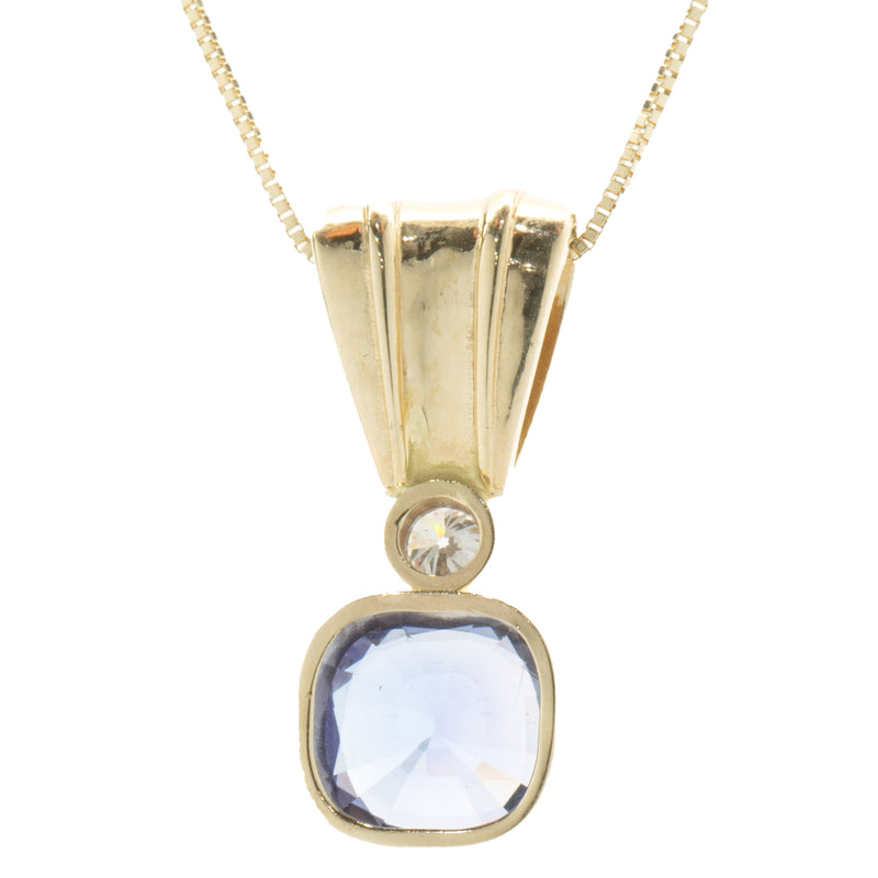 14 Karat Yellow Gold Tanzanite and Diamond Drop Necklace