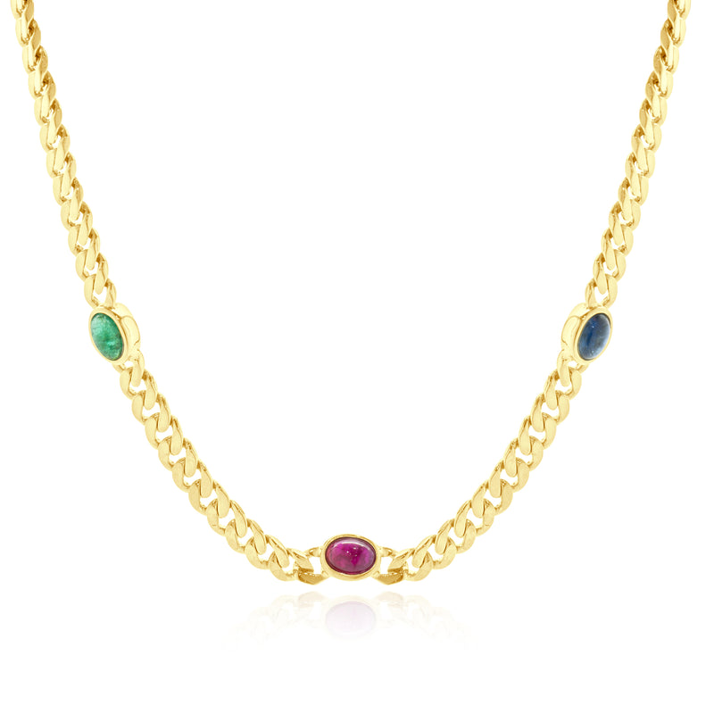 18 Karat Yellow Gold Cuban Link Sapphire, Ruby, and Emerald Station Necklace