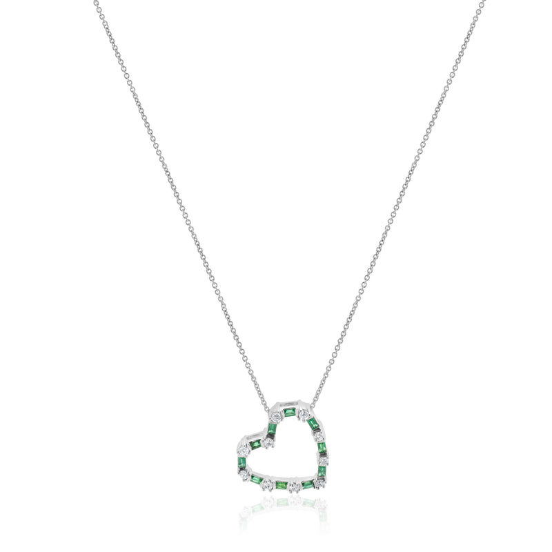 18 Karat White Gold Diamond and Emerald Open Heart Necklace
