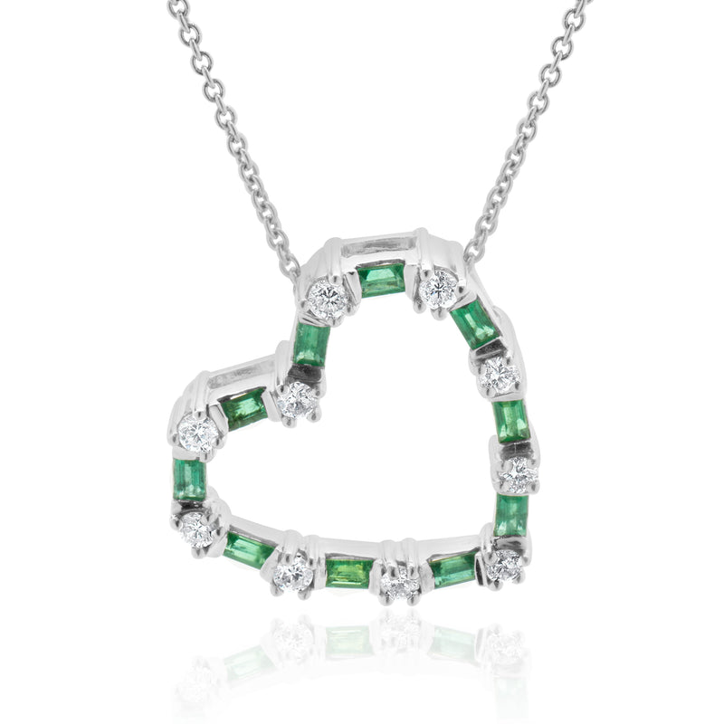 18 Karat White Gold Diamond and Emerald Open Heart Necklace