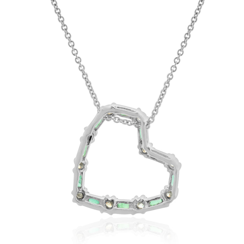 18 Karat White Gold Diamond and Emerald Open Heart Necklace