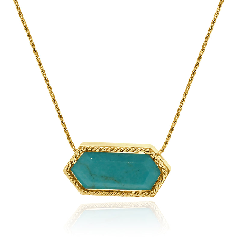 14 Karat Yellow Gold Hexagon Turquoise Necklace