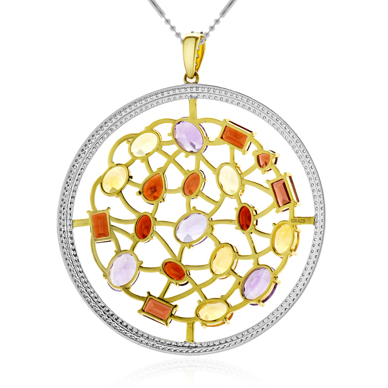14 Karat Two Tone Multi-Gemstone and Diamond Circle Pendant Necklace