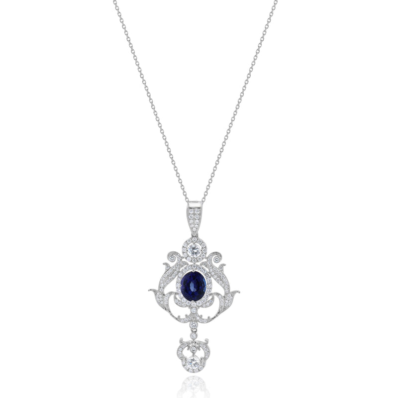 18k White Gold Diamond, White Sapphire, and Tanzanite Art Deco Style Drop Necklace